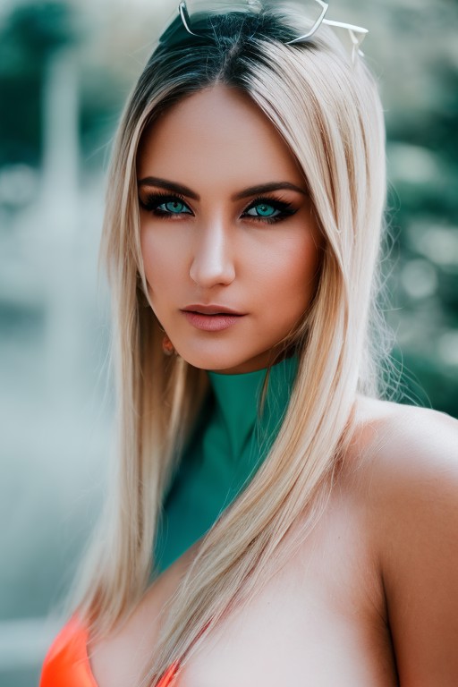 blonde hair, skinny face, hotfantasyface, simetrical eyes, same eyes, blue_fire, blurry, blurry_foreground, breasts, cleav...